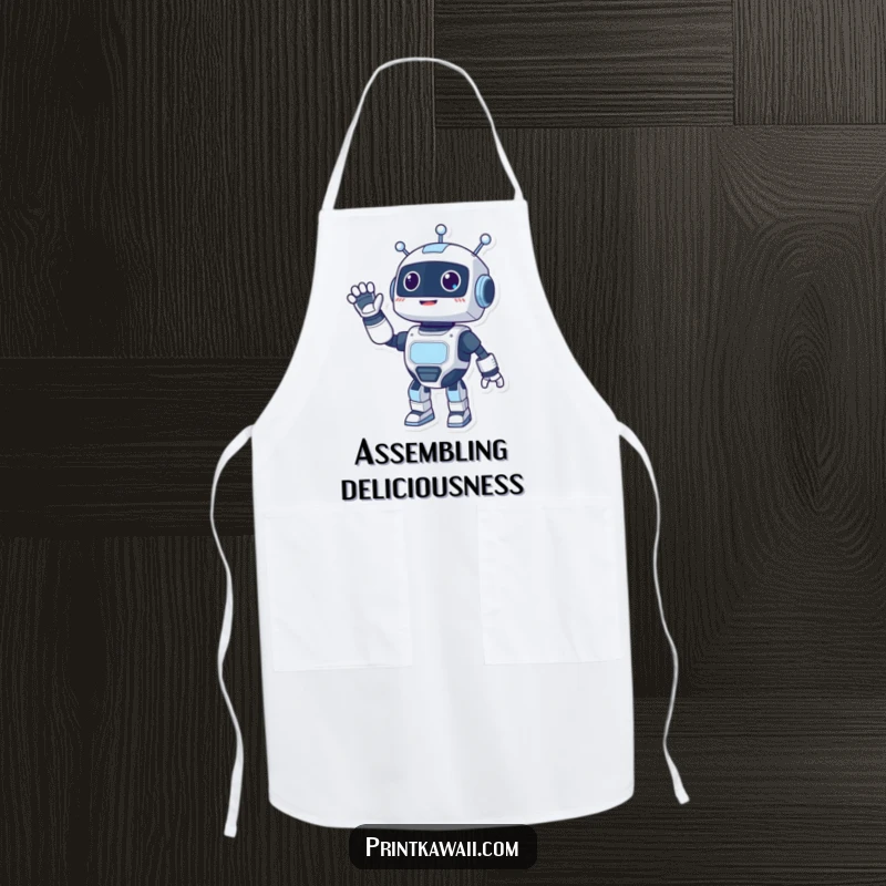 Funny kitchen apron with a happy robot character waving energetically, perfect for a friendly and tech-savvy cook.