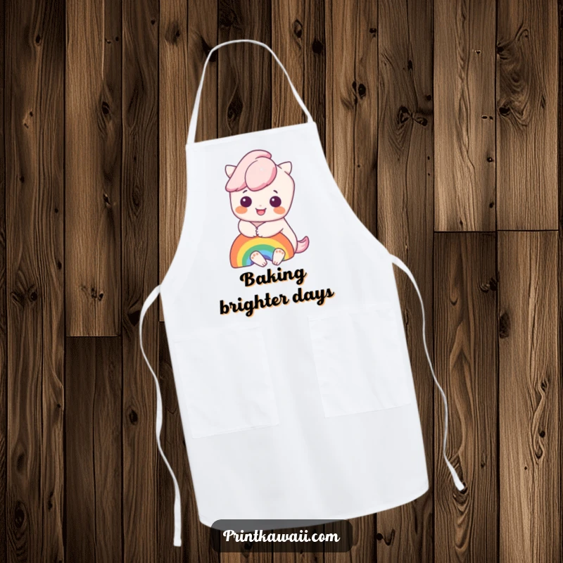 Funny apron featuring a cute kawaii character hugging a bright rainbow, perfect for adding cheer and humor to cooking.