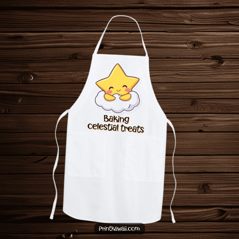 Funny Apron: A cheerful star character hugs a fluffy cloud while cooking, a humorous kitchen accessory.