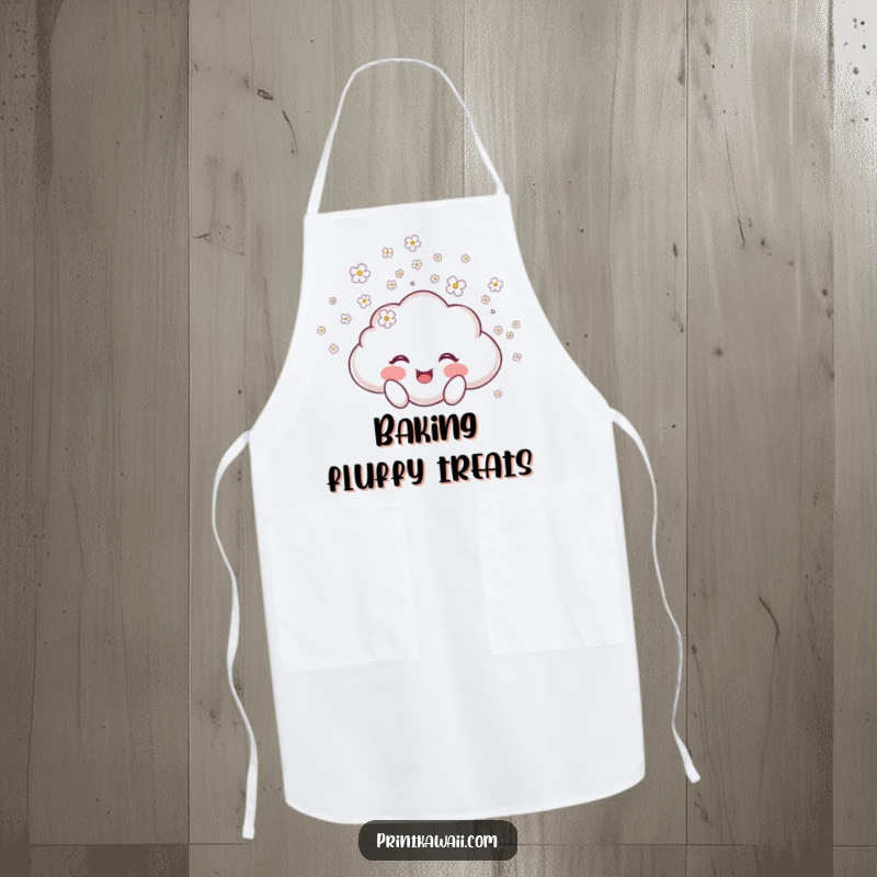 Funny apron showing a joyful cloud character showering tiny blossoms, perfect for adding a touch of whimsy and happiness to cooking.
