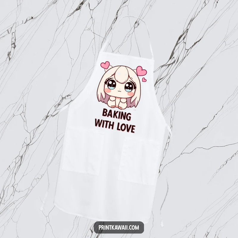 Funny Apron depicting a cute character with wide, sparkling eyes, looking lovingly at hearts.
