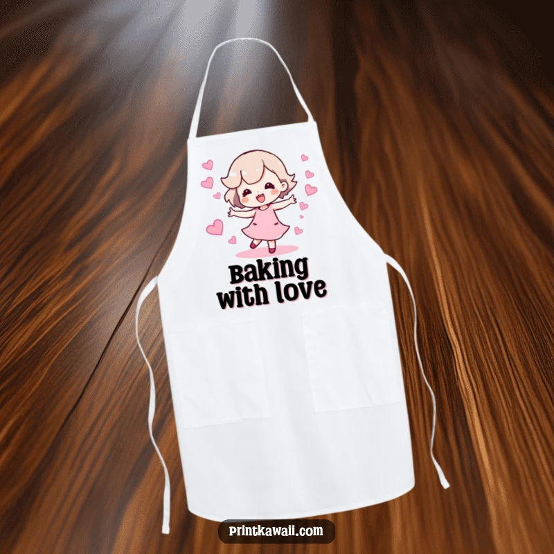 Funny apron with a character doing a happy dance leaving a trail of sparkling hearts, ideal for cheerful chefs.