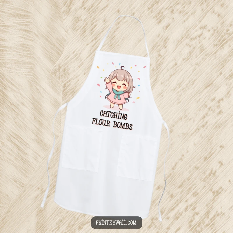Funny apron with a cute character in a playful pose catching falling confetti, ideal for playful chefs.
