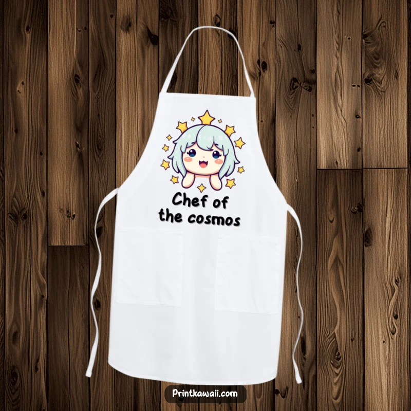 Funny apron for chefs, featuring a cute smiling character surrounded by stars, adding a touch of cosmic fun to cooking and baking.