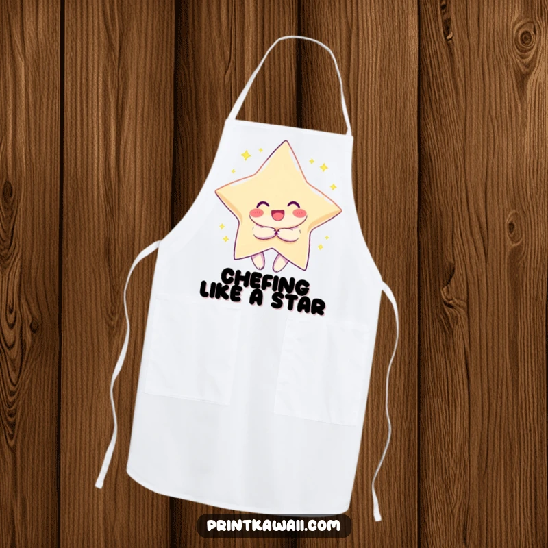 Funny apron with a character smiling widely, hugging a sparkling star, ideal for kitchen fun and cosmic culinary creations.