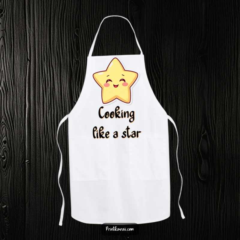 Funny apron showing a smiling star character beaming with happiness, perfect for adding sparkle and joy to cooking activities.
