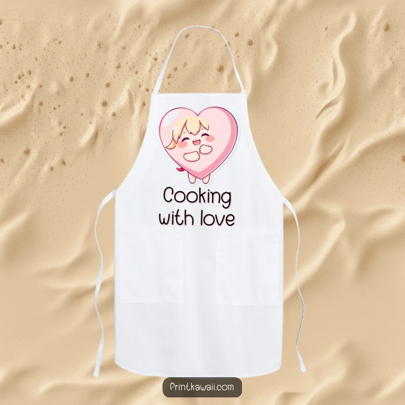 Funny apron depicting a kawaii character joyfully embracing a large heart, perfect for cooking and spreading love.