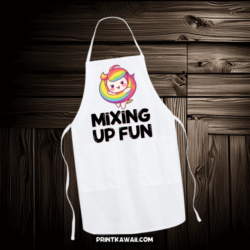 Funny kitchen apron featuring a cheerful rainbow swirl character, ready to twirl and toss ingredients with humor.