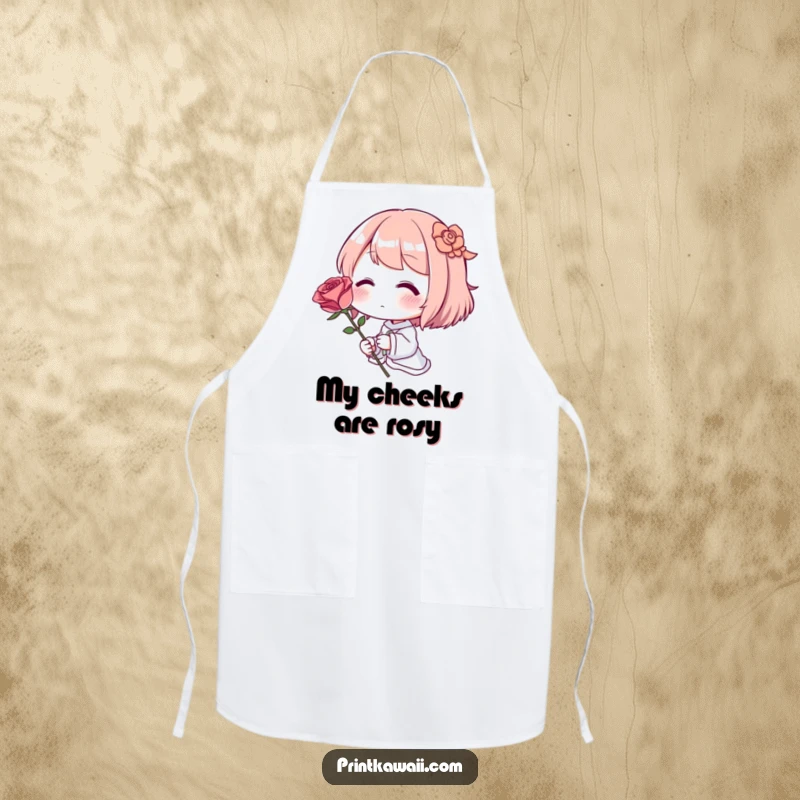 Funny Apron: A shy character blushing brightly, holding a single perfect rose while cooking.