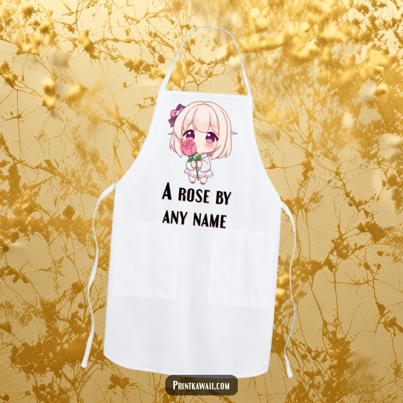Funny apron depicting a character blushing deeply, holding a single perfect rose, perfect for kitchen use and conveying shy affection.