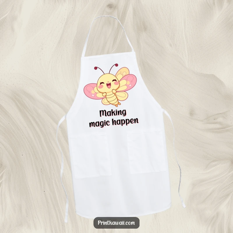 Funny delighted butterfly character on an apron, fluttering joyfully, adding a touch of cheerful humor to kitchen tasks, funny gift.