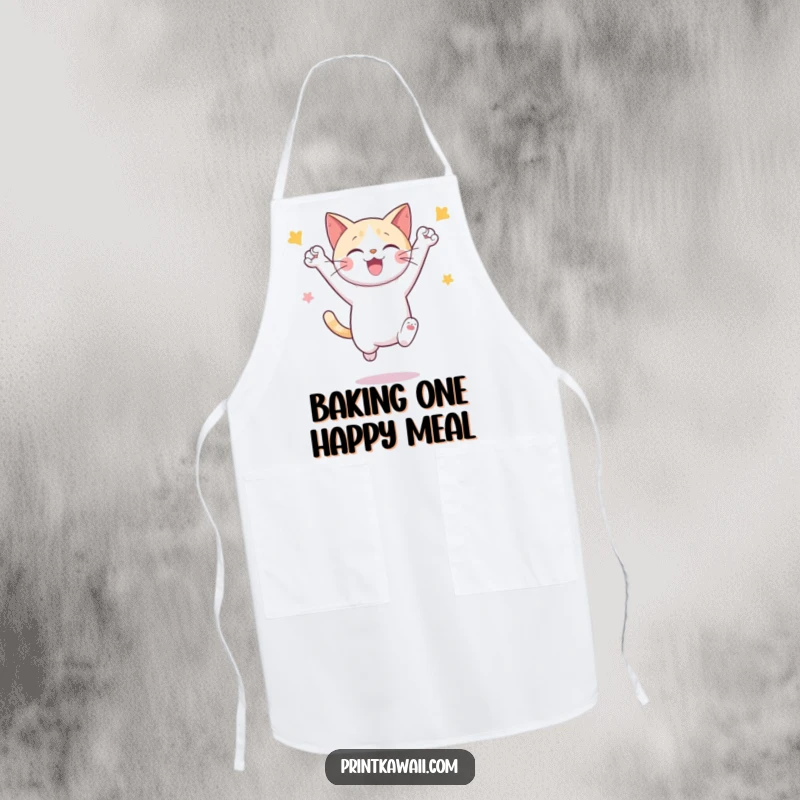Funny kitchen apron with a cute cat character leaping in celebration, perfect for a playful cook.