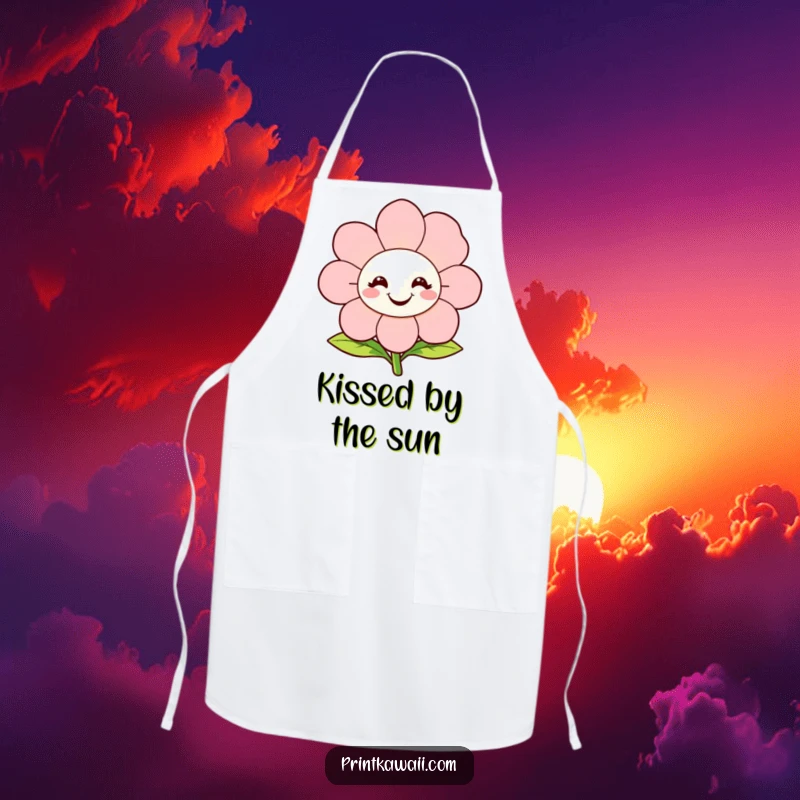 Funny Apron showcasing a happy, blooming flower character smiling brightly, adding cheerful floral vibes to kitchen activities.