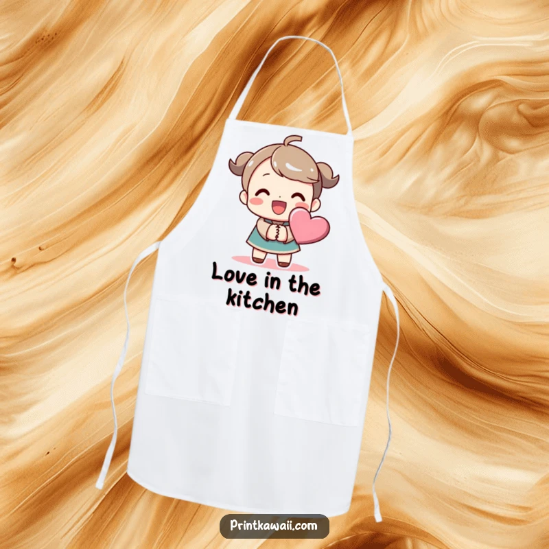 Funny apron with a beaming character holding hands with a stylized heart symbol, perfect for kitchen use and spreading joy.