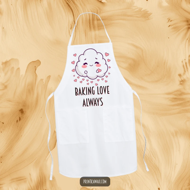 Funny apron with a whimsical cloud character playfully raining tiny hearts, for sweet kitchen adventures.
