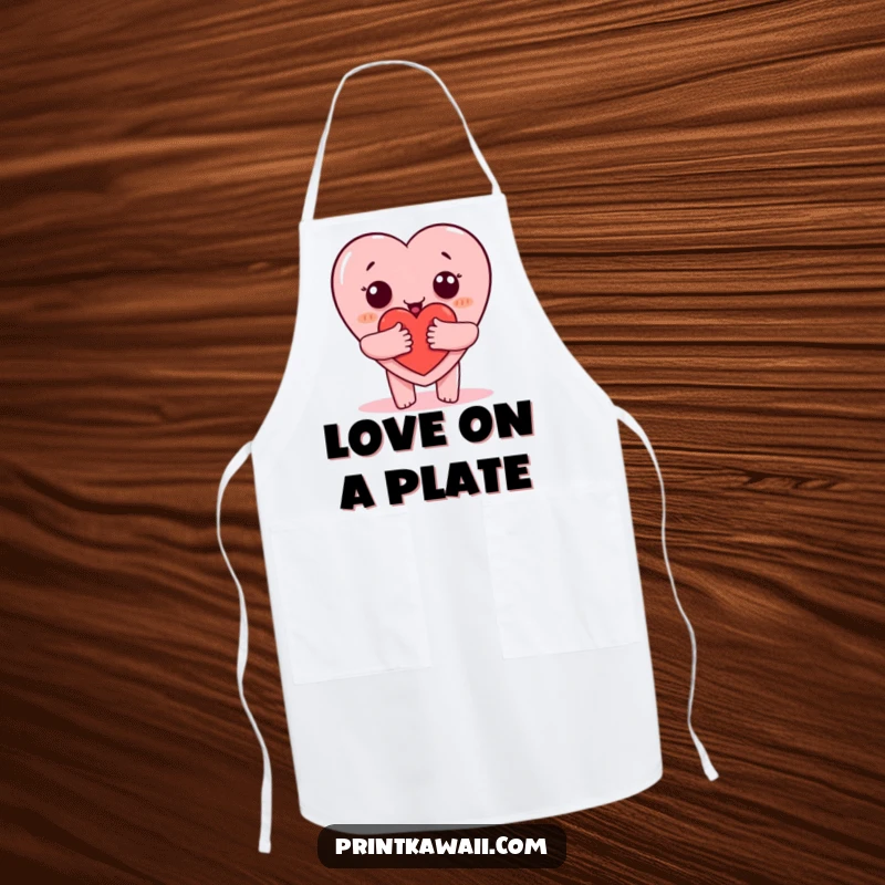 Funny apron showing a heart character giving a hug, ideal for kitchen use and spreading warmth, a funny gift.