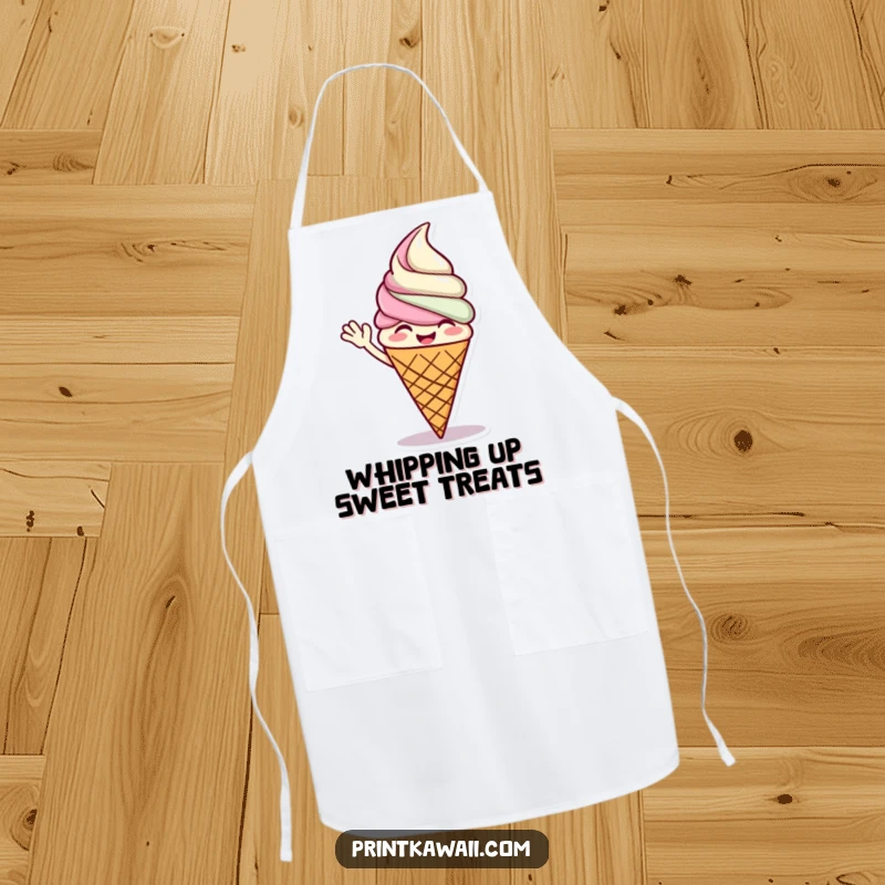 Funny apron featuring a giggling ice cream cone character waving, perfect for chefs who enjoy adding sweet humor to their cooking.