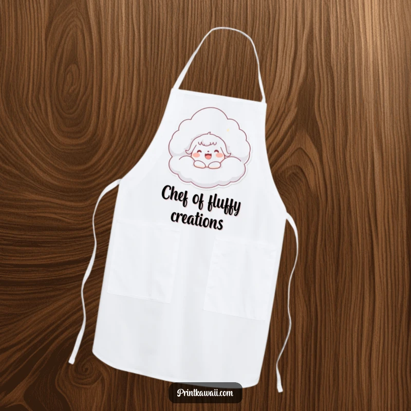 Funny Kawaii Cloud Hug Apron: Character joyfully hugging a fluffy cloud, ideal for kitchen fun and protection.