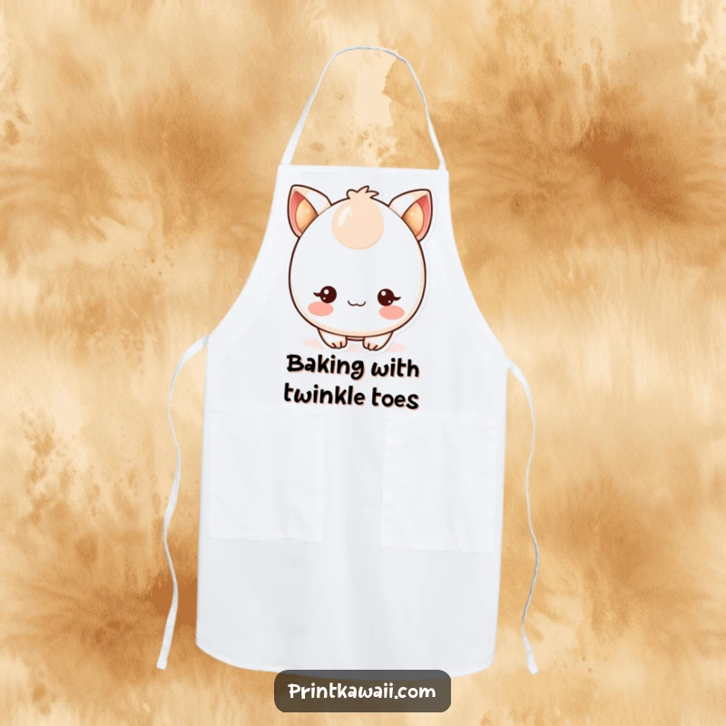 Funny apron depicting a cute kawaii character with blushing cheeks and twinkling eyes, adding cheer to cooking.