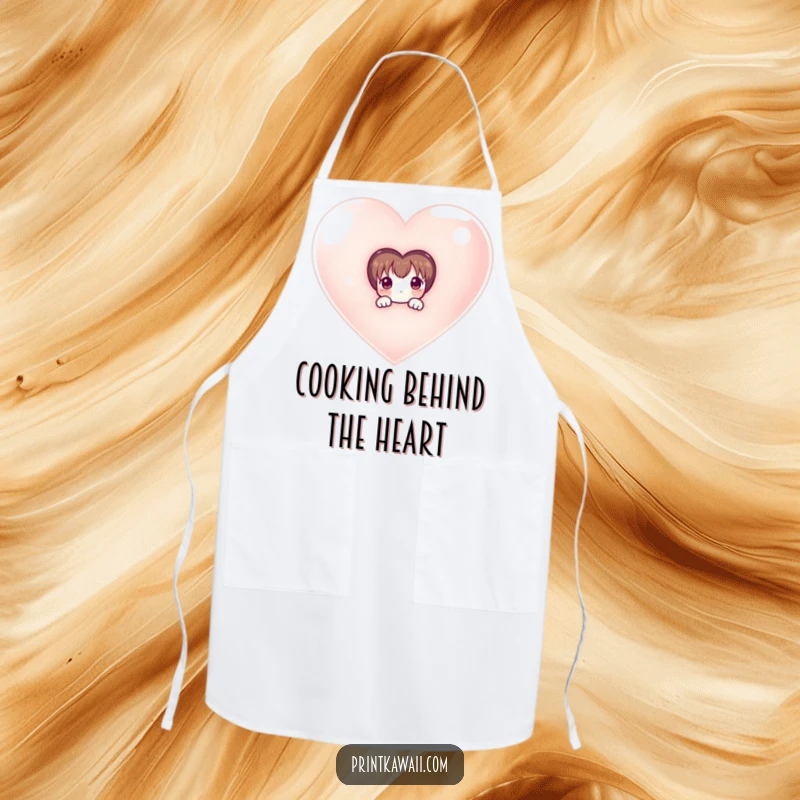 Funny apron with a shy character peeking from behind a large, shimmering heart, ideal for adding a touch of sweetness to cooking.