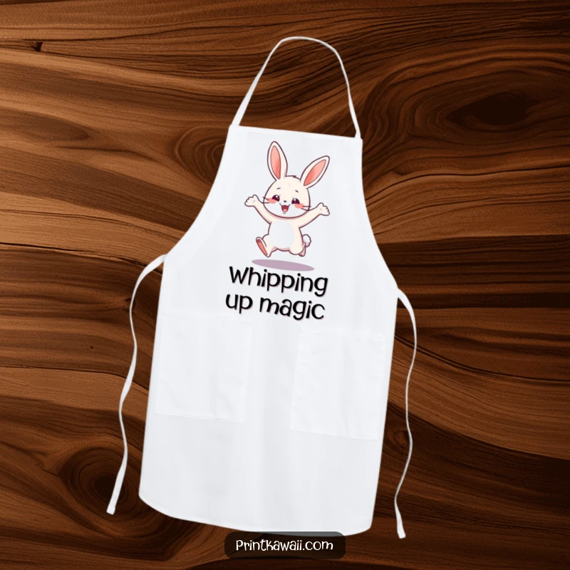 Funny apron with a playful bunny character in a happy leap, bringing joy and whimsy to kitchen activities.