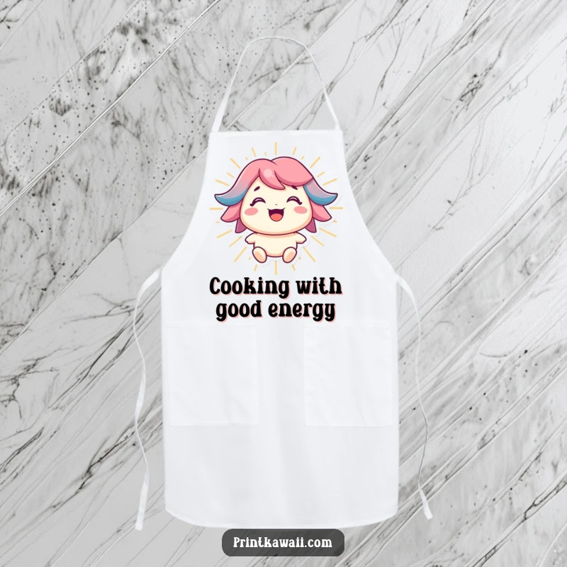 Funny apron with a character smiling brightly and radiating positive energy, ideal for cheerful chefs.
