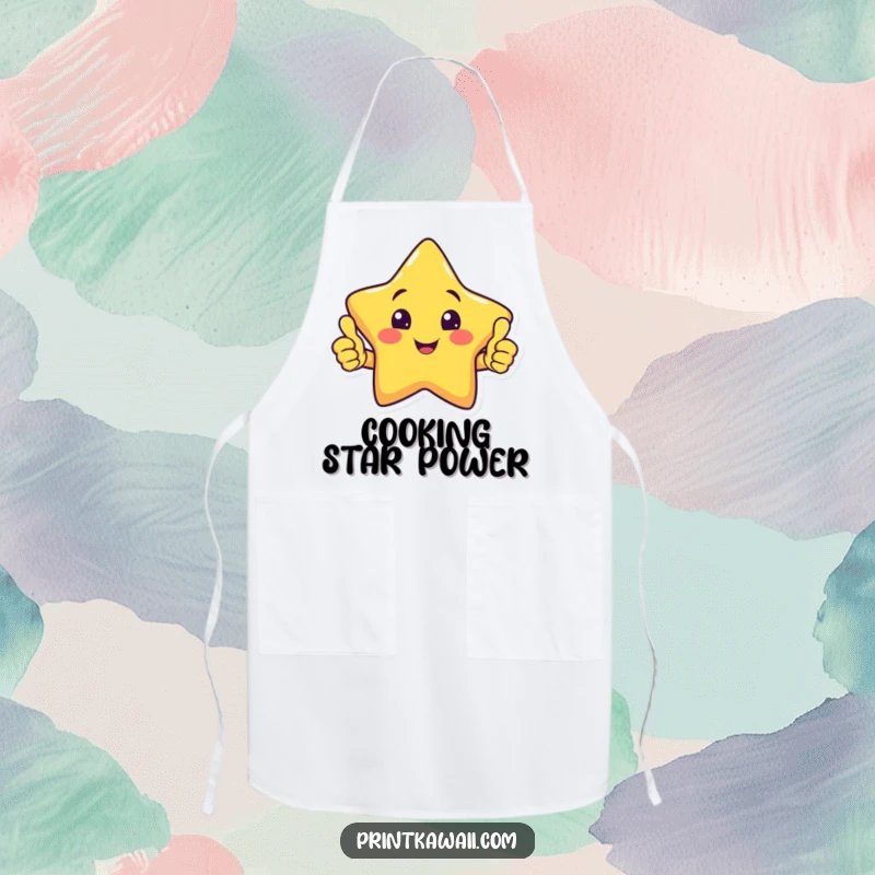 Funny kitchen apron with a smiling star character giving a confident double thumbs up, ideal for a happy cook.