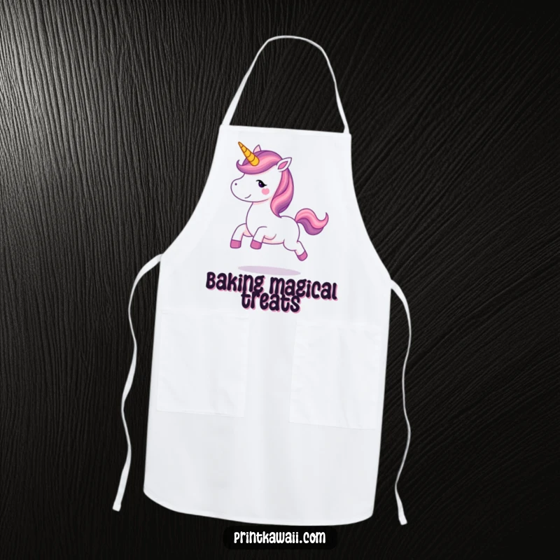 Funny unicorn character prancing happily on a kitchen apron, adding a touch of magical charm to cooking and baking activities.