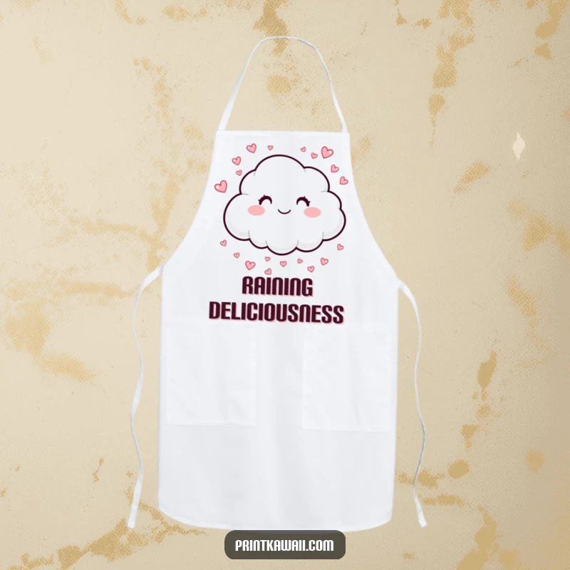 Funny apron showing a smiling cloud sprinkling hearts, ideal for kitchen use and spreading sweetness, a funny gift.