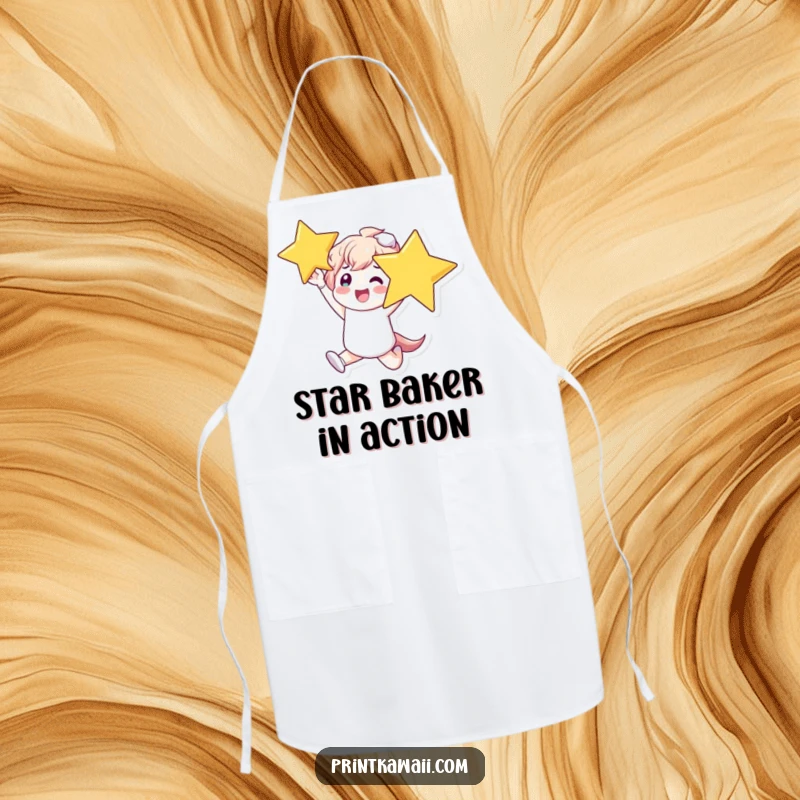 Funny Kitchen Apron showing a character leaping for joy, holding a giant shining star, ready to create culinary magic.