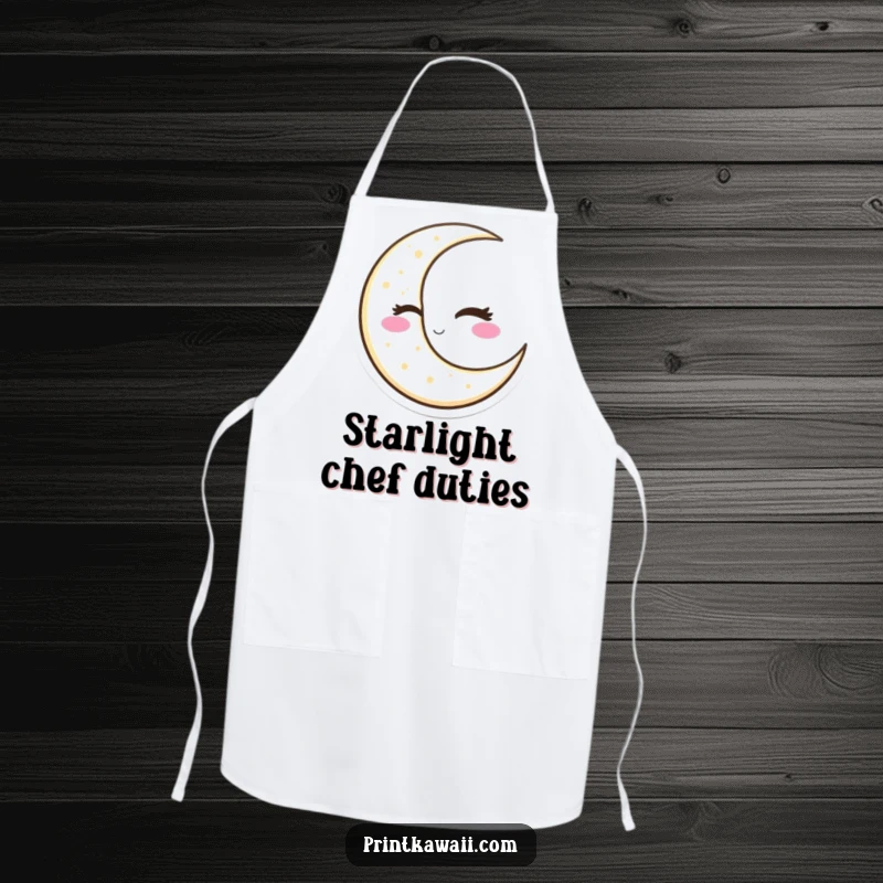 Funny Winking Moon Apron showing a slyly winking crescent moon character, adding celestial flair and fun to cooking, a great funny gift.