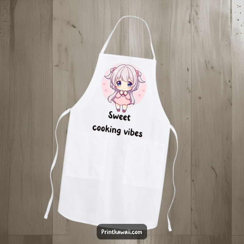 Funny Apron: A character in a sweet pose, radiating a soft pink aura while preparing food.