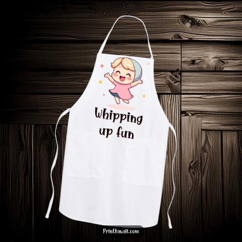 Funny apron showing a cute character doing a happy little dance with pure glee, perfect for kitchen duty and spreading smiles.