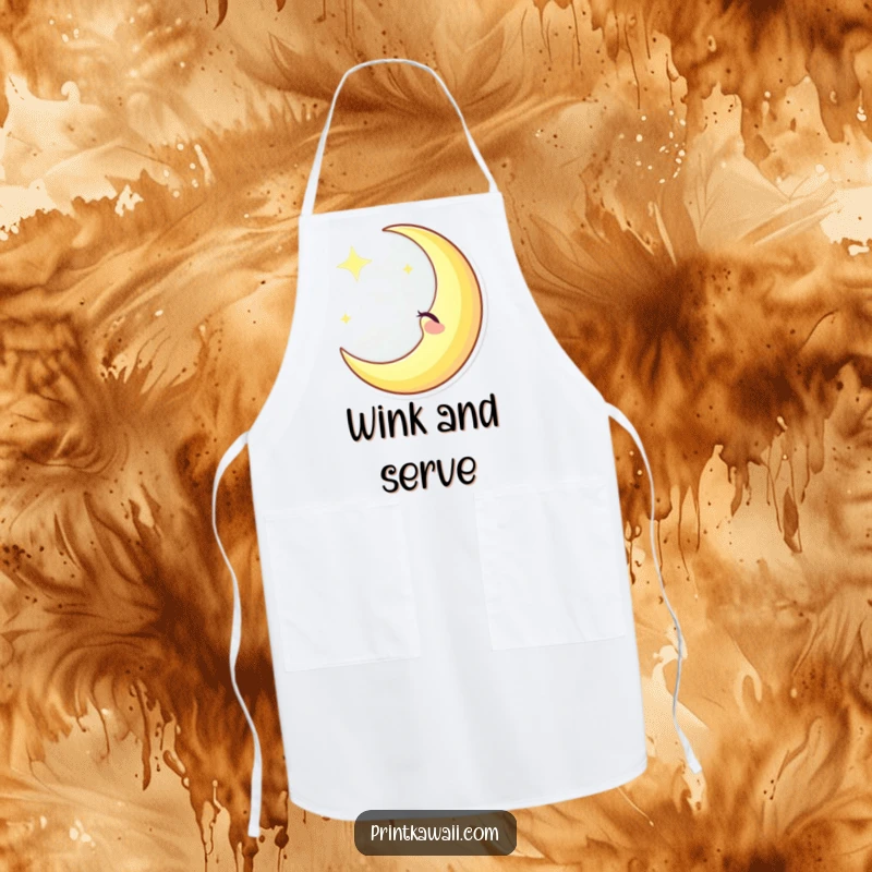 Funny winking crescent moon character wearing an apron, casting a playful glow, adding celestial humor to cooking, funny gift.