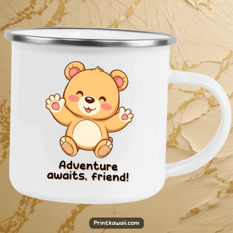 Funny camping mug featuring a joyful teddy bear character waving, perfect for enjoying hot drinks during outdoor activities with a cute companion.