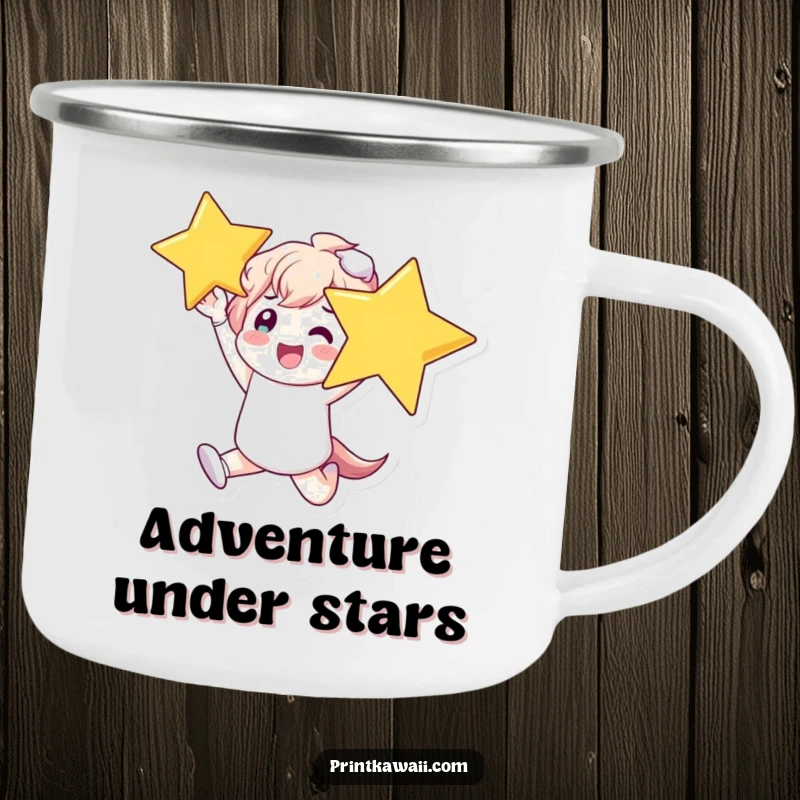 Funny Enamel Camping Mug depicting a character leaping with glee, holding a large, shining star, ready for adventure.