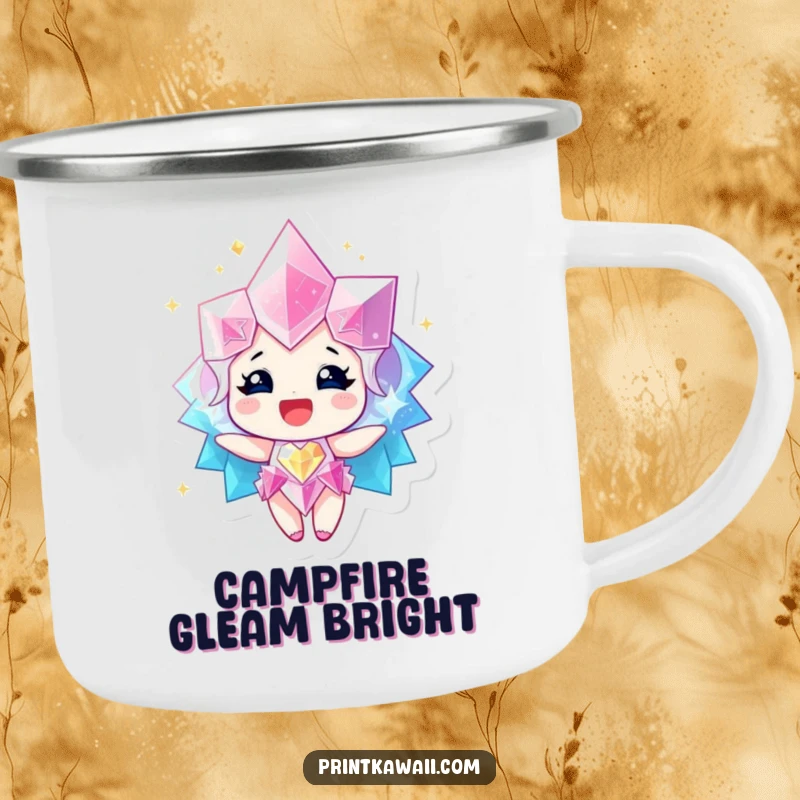 Funny Camping Mug showing a sparkling gem character radiating happiness, perfect for enjoying drinks during outdoor adventures.