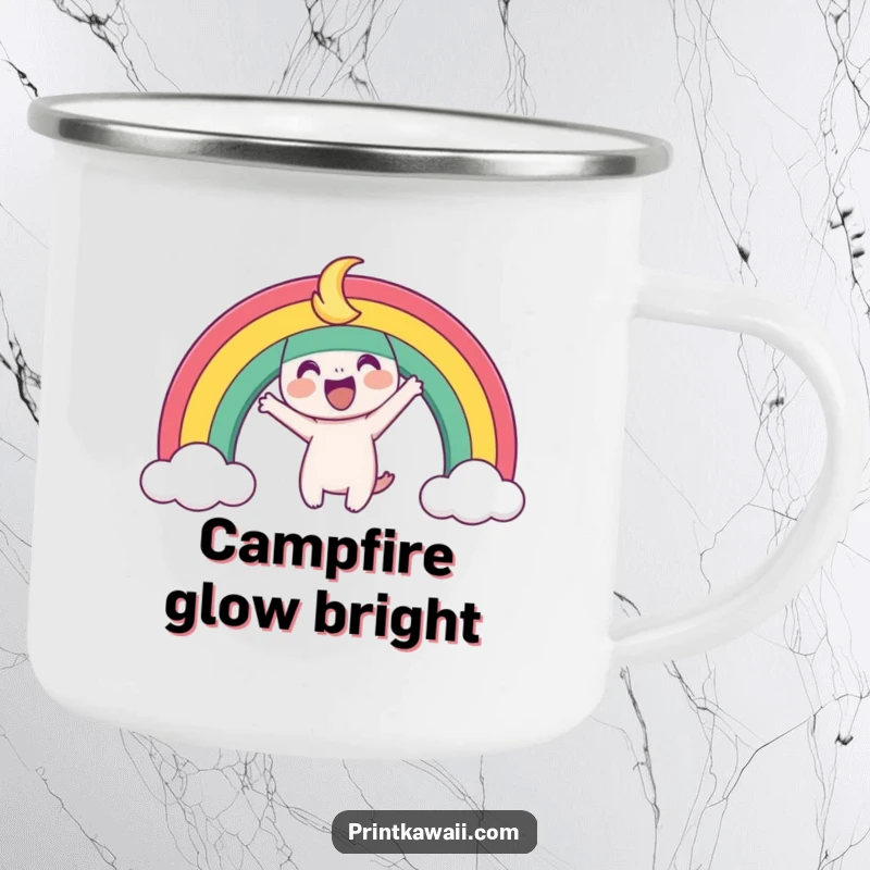 Funny Camping Mug showing a playful rainbow character arching joyfully, perfect for enjoying drinks during outdoor adventures.