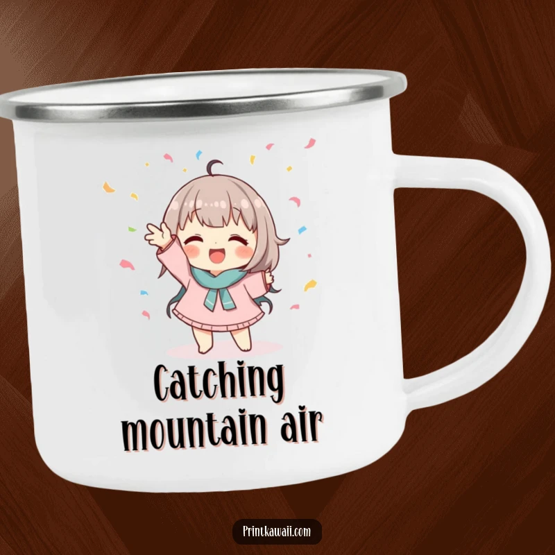 Funny camping mug with a cute character in a playful pose catching falling confetti, perfect for playful outdoor fun.