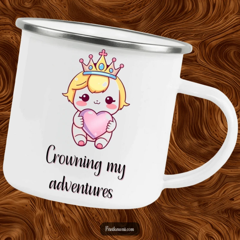 Funny Kawaii Crown Heart Camping Mug: Character with a crown, holding a sparkly heart, perfect for outdoor drinks.