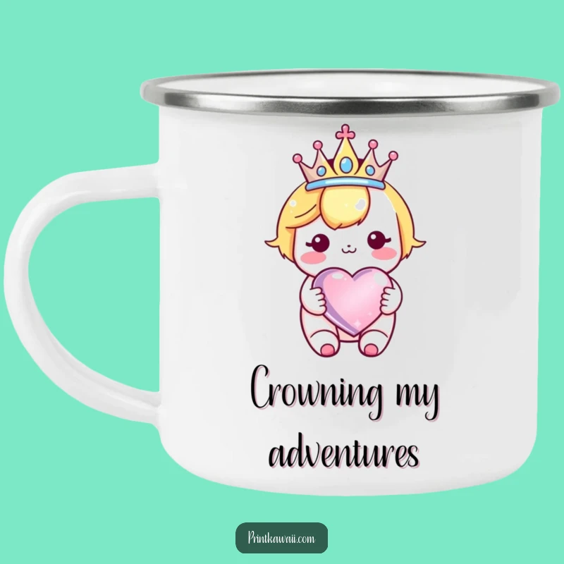 Funny Kawaii Crown Heart Camping Mug: Outdoor Royal Character Fun, Funny Gift
