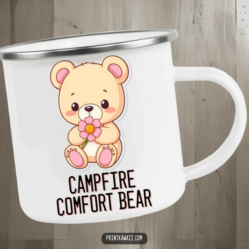 Funny Camping Mug featuring a content teddy bear character holding a flower, perfect for cozy sips in the great outdoors.