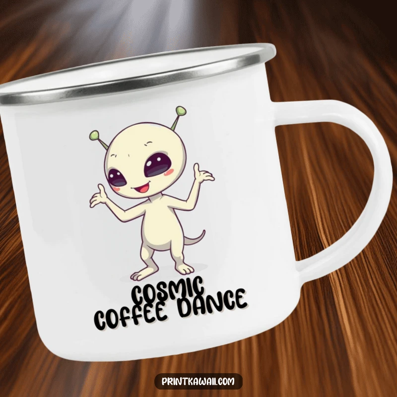 Funny alien character dancing around a campfire on a rugged camping mug, ideal for outdoor enthusiasts with a sense of humor.