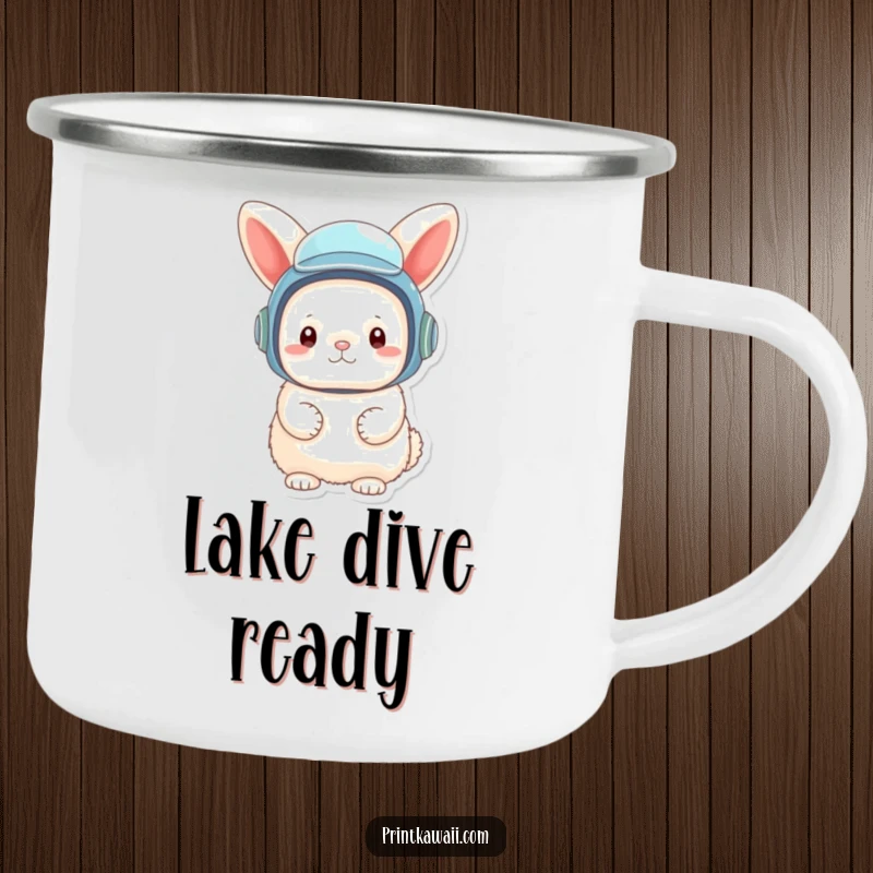 Funny camping mug with a fluffy bunny character wearing a tiny, oversized diving helmet, for outdoor adventures and whimsy.