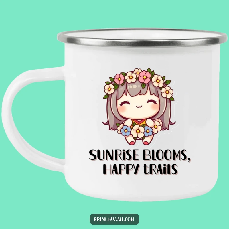 Funny Camp Mug: Cute Kawaii Character's Floral Adventure
