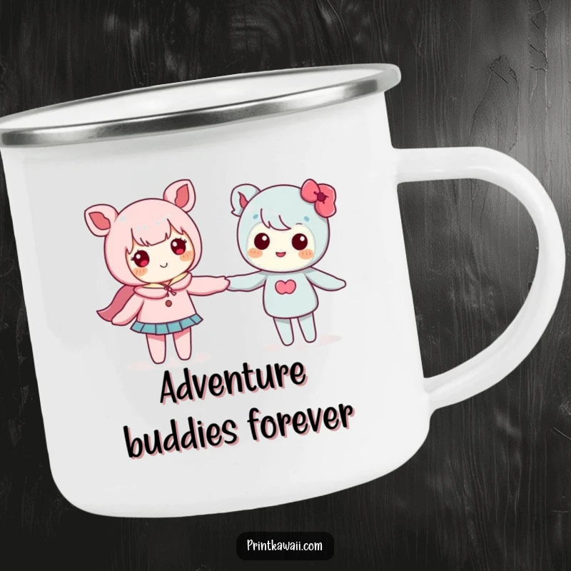 Funny camping mug with two cute kawaii characters holding hands, perfect for enjoying nature and companionship.