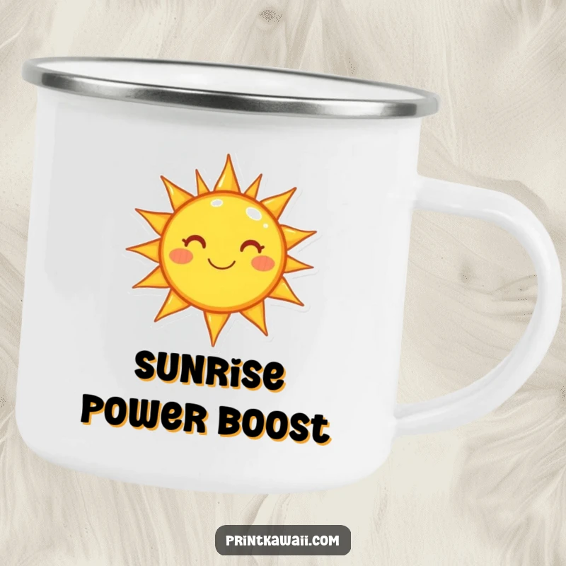 Funny camping mug with a happy sun character, perfect for enjoying hot drinks by the campfire with a cheerful vibe.