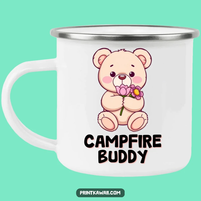 Funny Content Teddy Bear Flower Camping Mug, Sweet Outdoor Character Gift