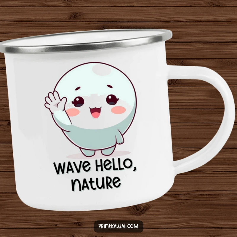 Funny camping mug featuring a cute character cheerfully waving, ideal for outdoor adventures and morning coffee.