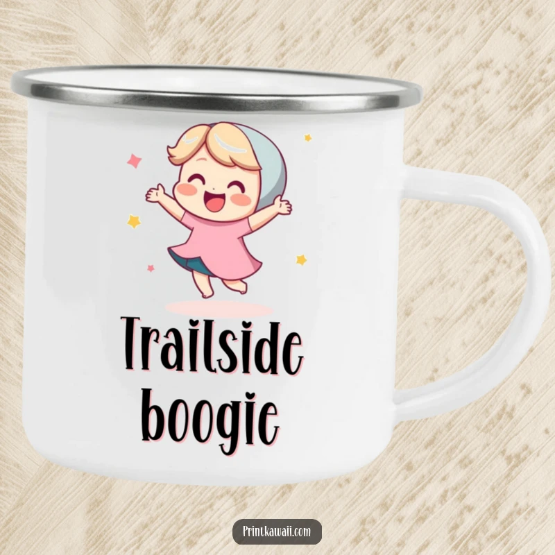 Funny camping mug showcasing a cute character doing a happy little dance with pure glee, ideal for outdoor enthusiasts who love fun.
